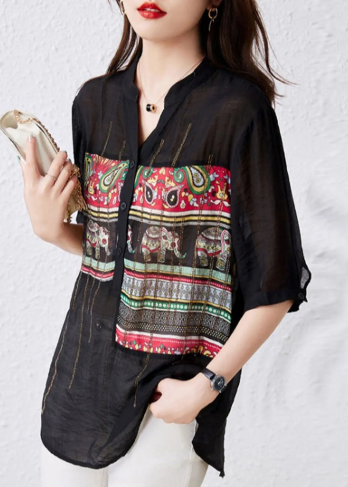 French Black V Neck Print Button Patchwork Cotton Tops Summer LY7555