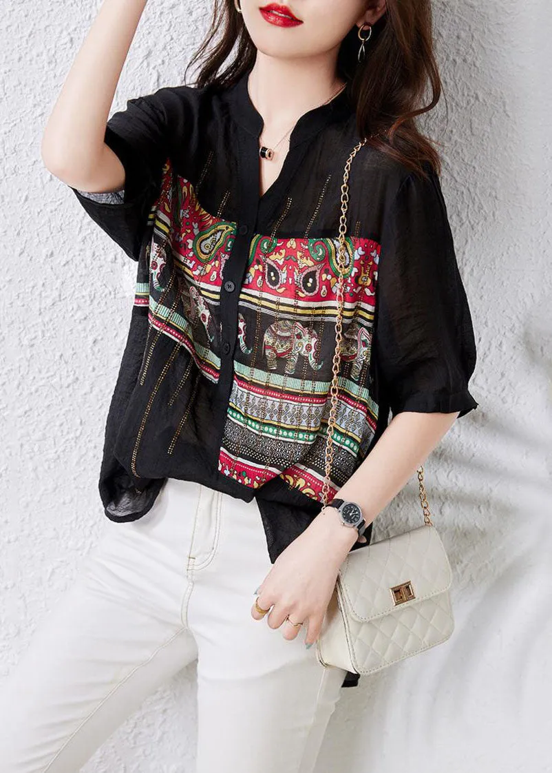 French Black V Neck Print Button Patchwork Cotton Tops Summer LY7555