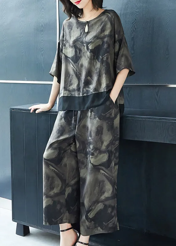 French Grey O-Neck Print Tops And Pants Silk Two Pieces Set Summer TF1031