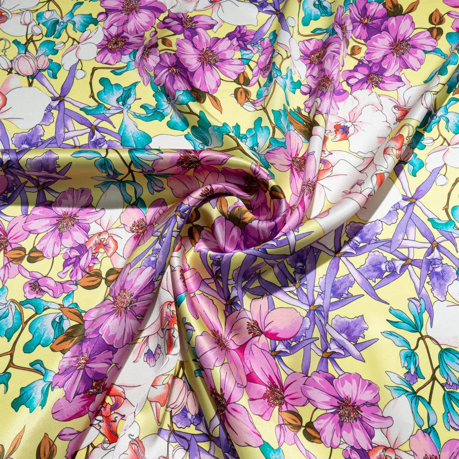 Fuchsia & Purple Floral Printed Yellow Silk Satin