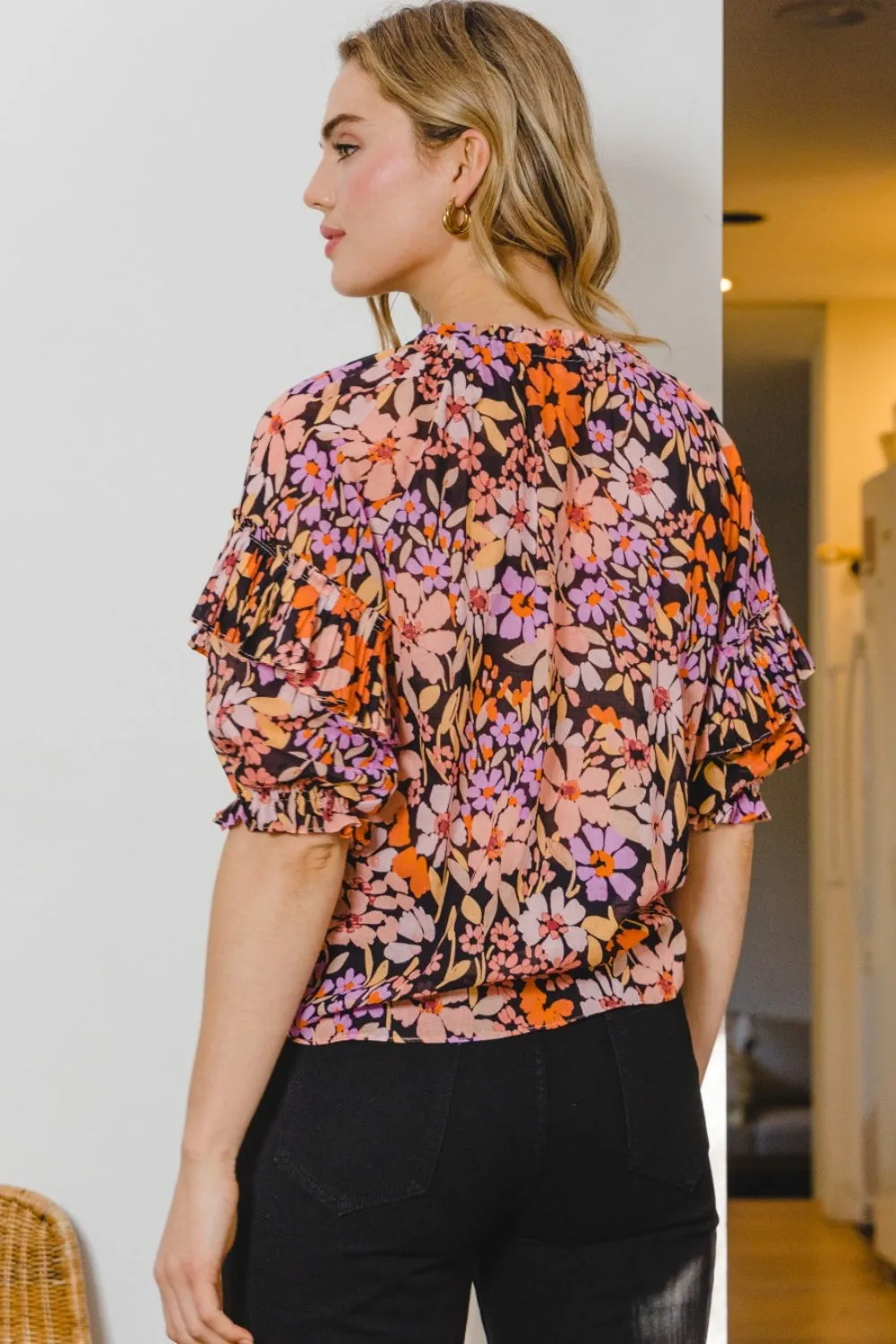 Full Size Floral Tie Neck Ruffled Blouse