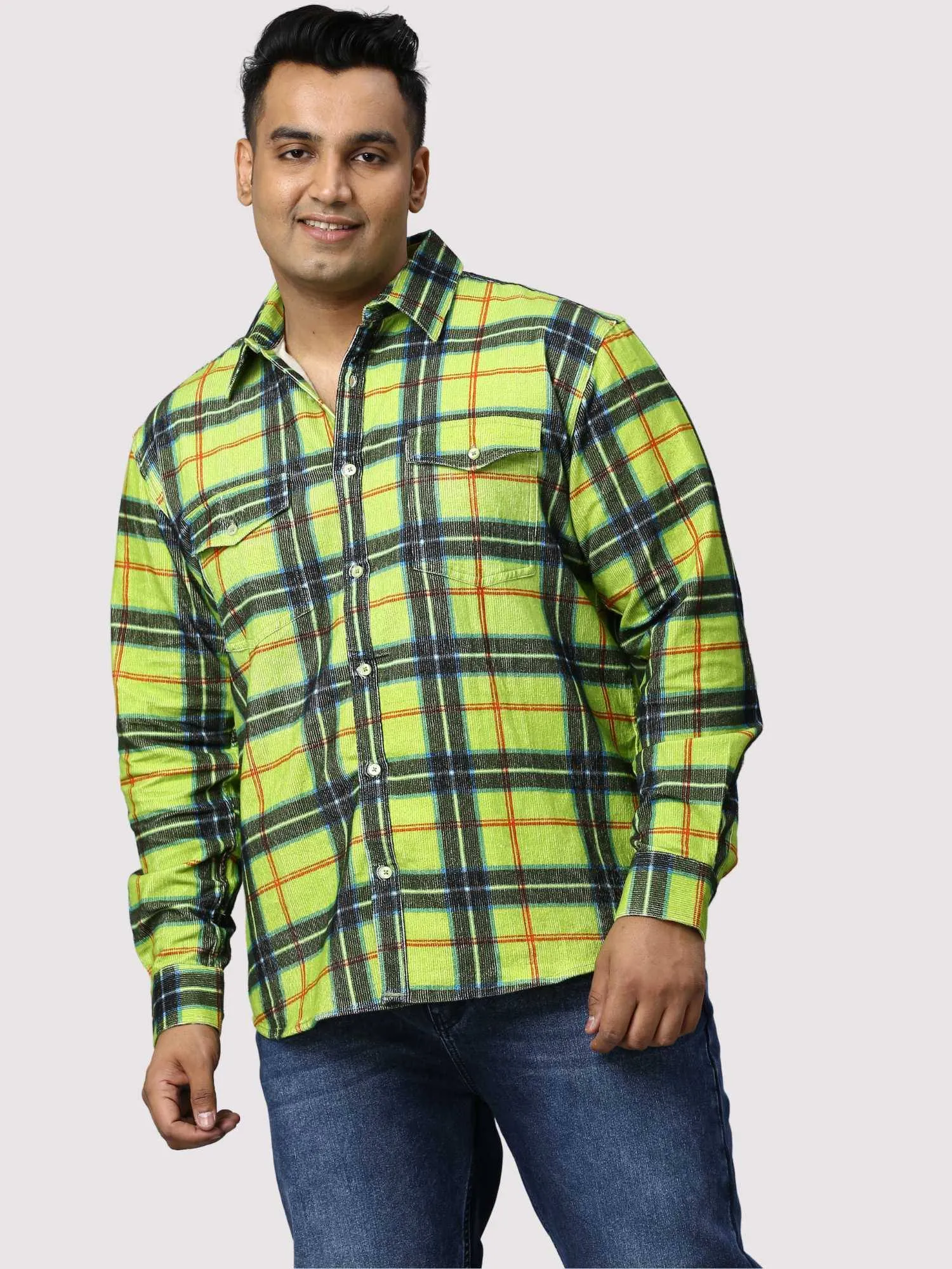 Green Checkered Double Pocket Full Shirt Men's Plus Size