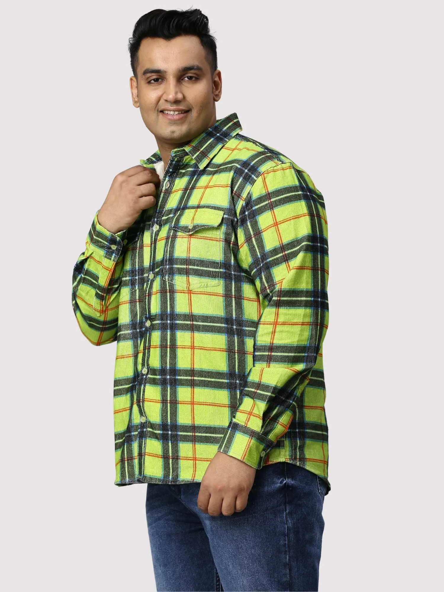 Green Checkered Double Pocket Full Shirt Men's Plus Size