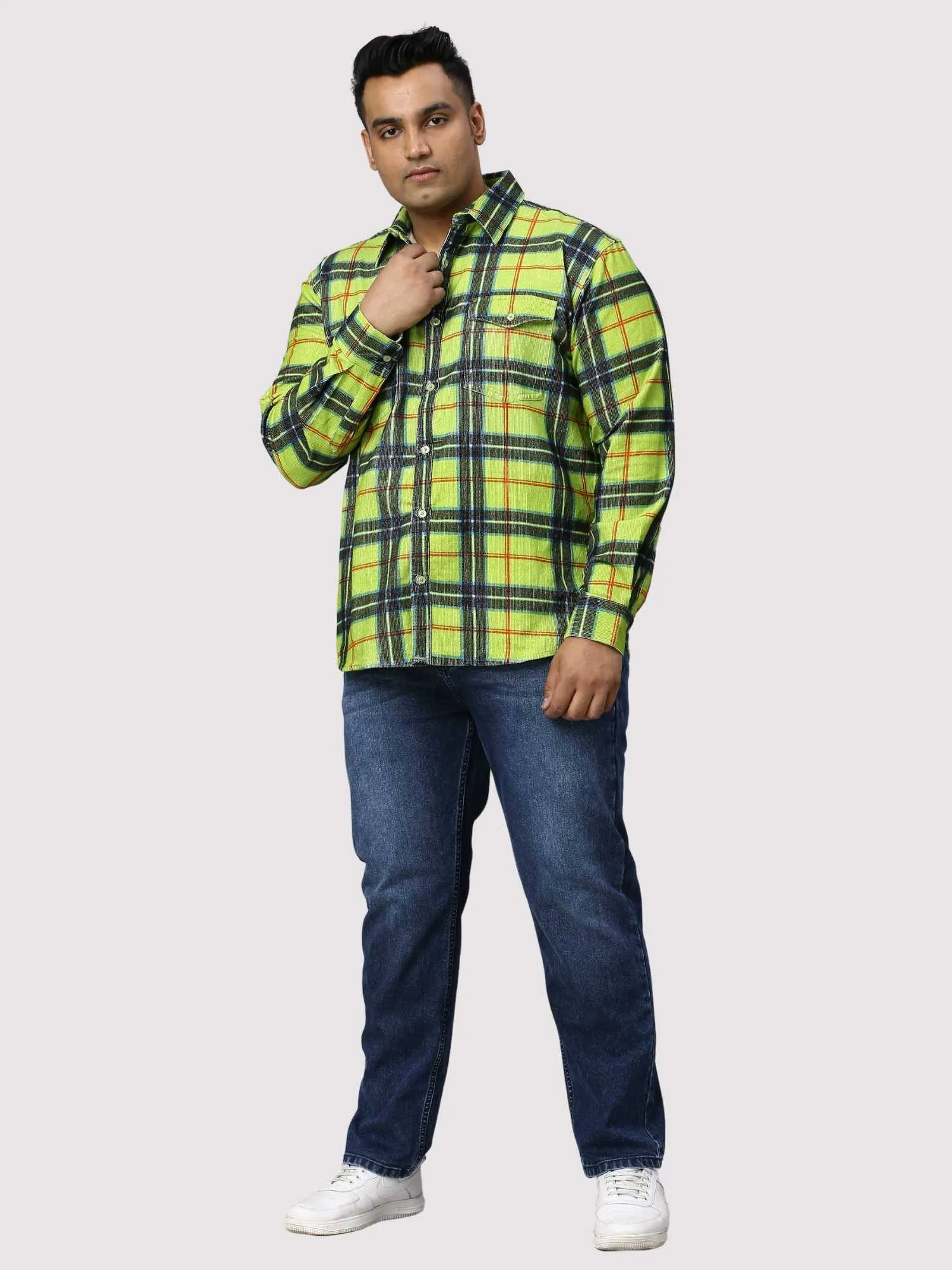 Green Checkered Double Pocket Full Shirt Men's Plus Size