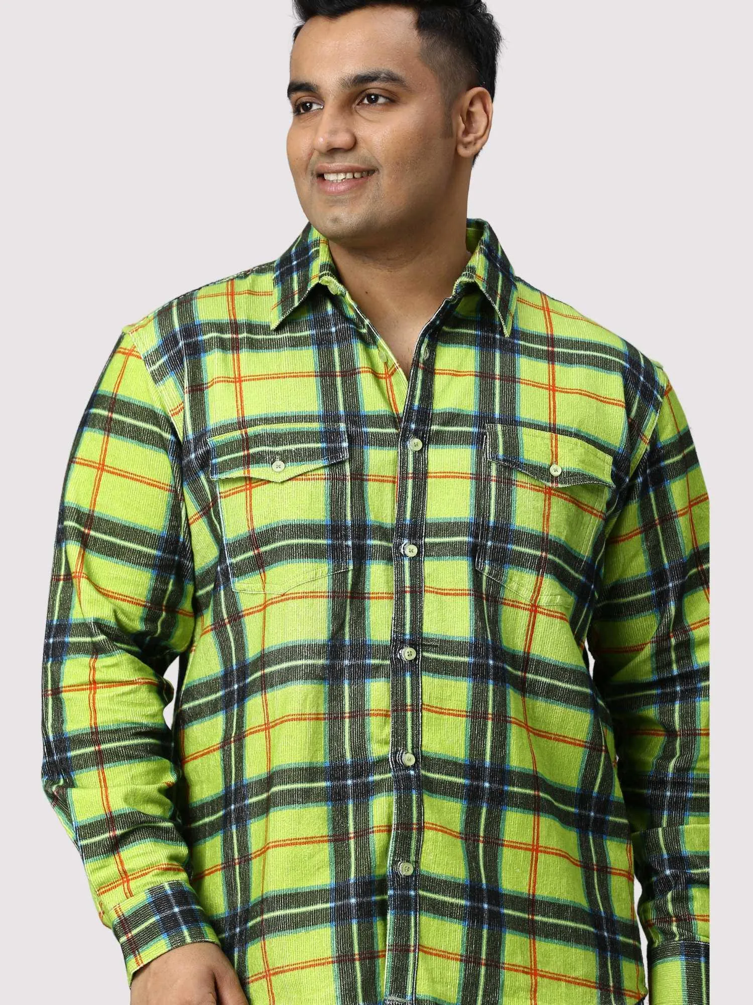 Green Checkered Double Pocket Full Shirt Men's Plus Size