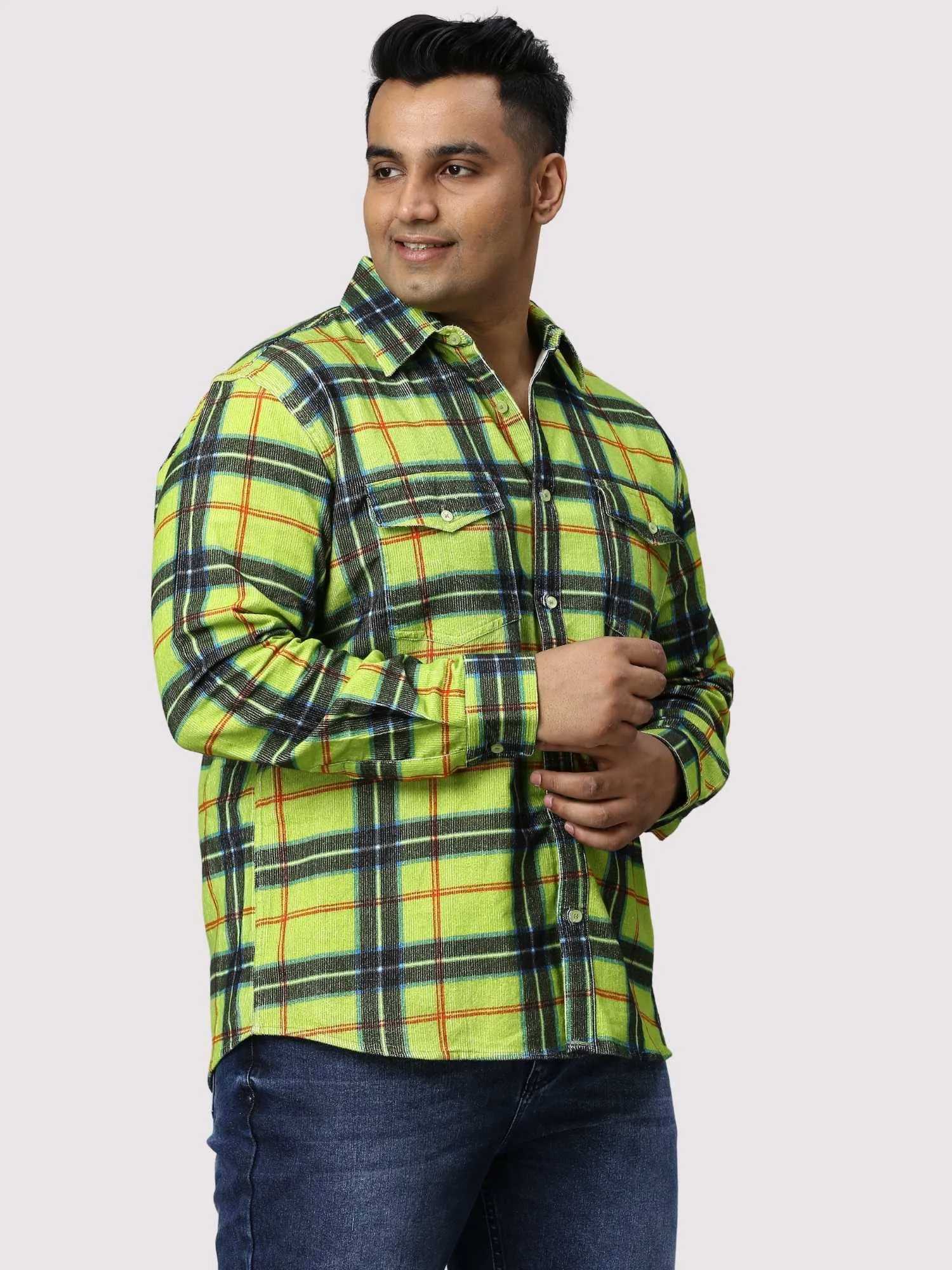 Green Checkered Double Pocket Full Shirt Men's Plus Size