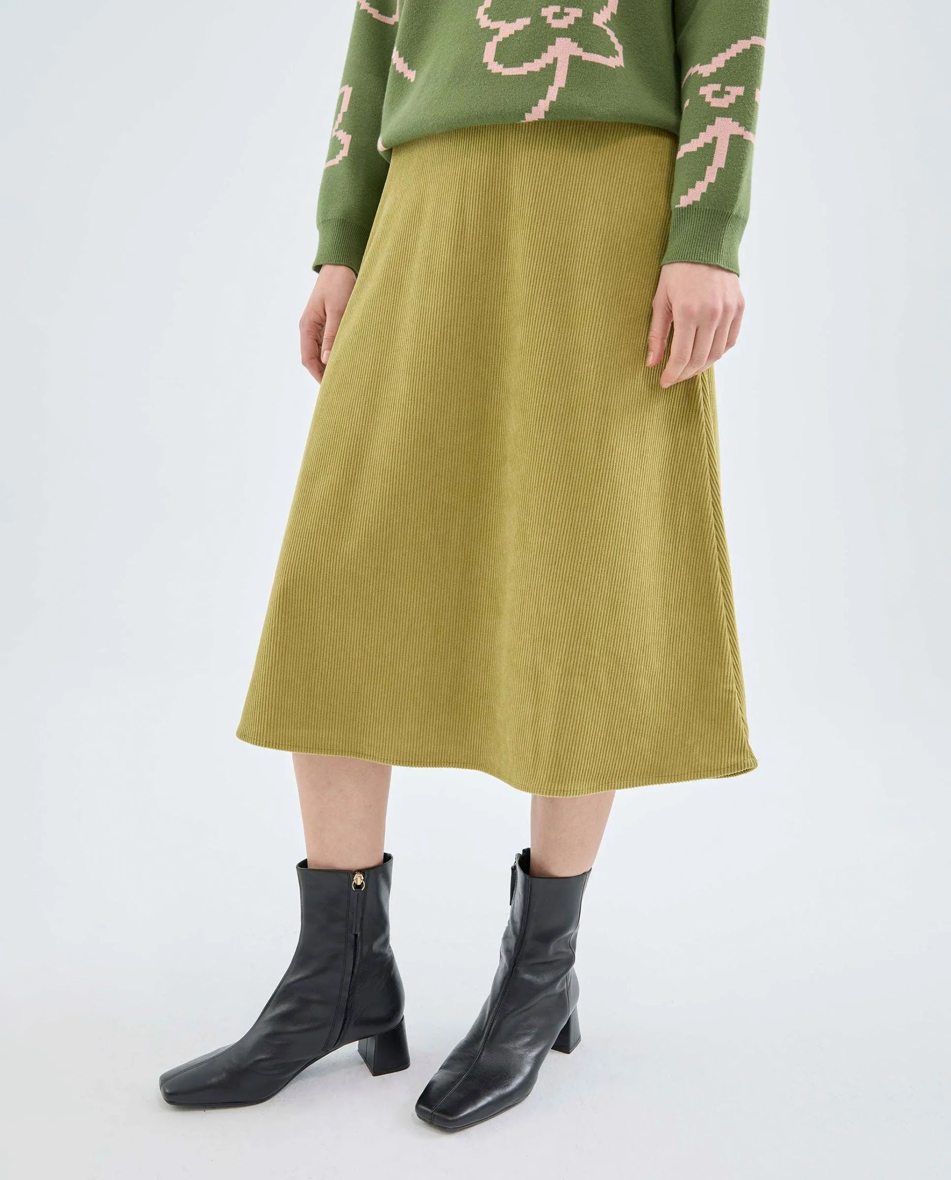 Green Corduroy Midi Skirt