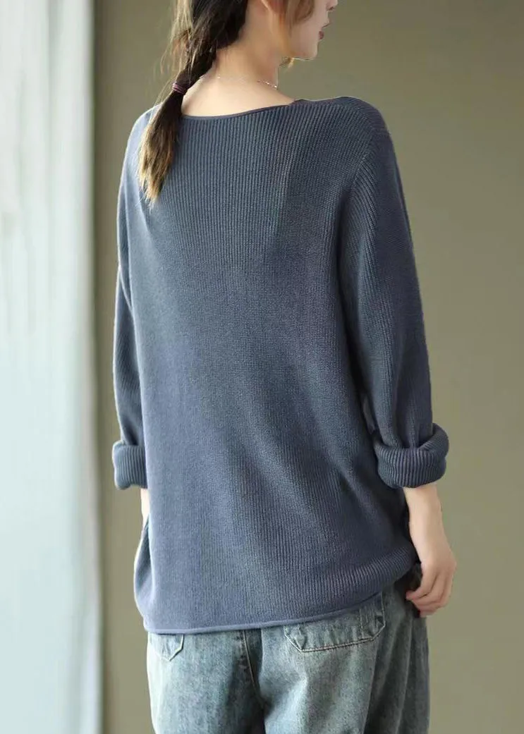 Grey Blue Patchwork Cozy Knitting Cotton Shirt Tops V Neck Fall ML1788