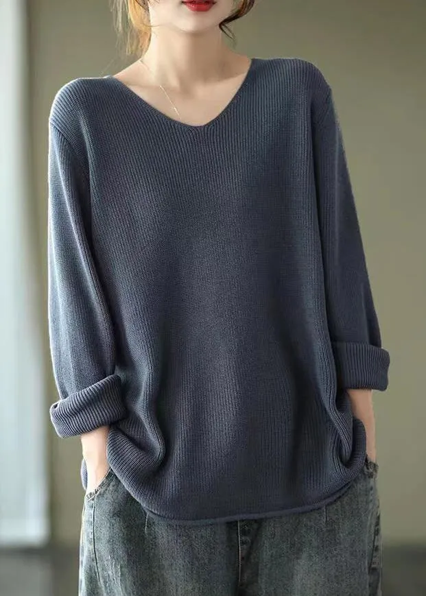 Grey Blue Patchwork Cozy Knitting Cotton Shirt Tops V Neck Fall ML1788