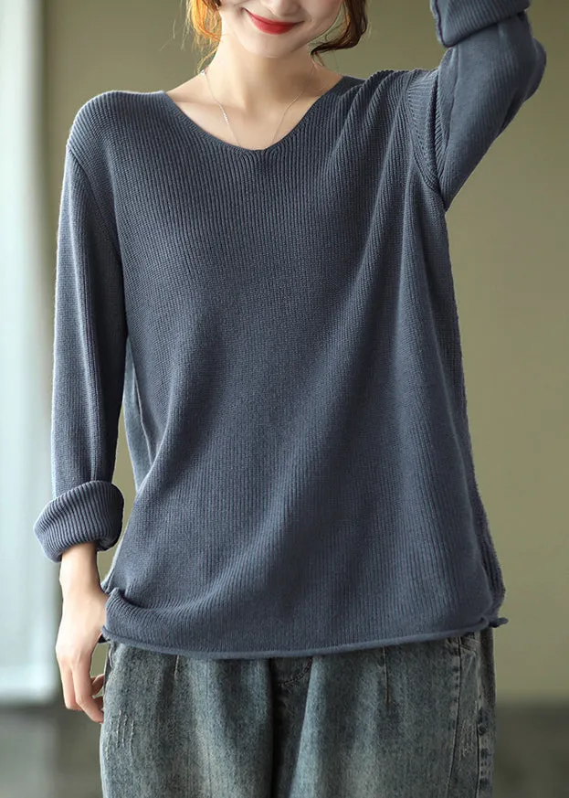 Grey Blue Patchwork Cozy Knitting Cotton Shirt Tops V Neck Fall ML1788