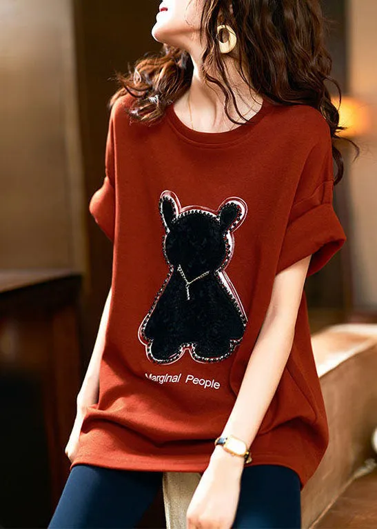 Handmade Orange O Neck Zircon Patchwork Cotton T Shirt Tops Summer LY3854