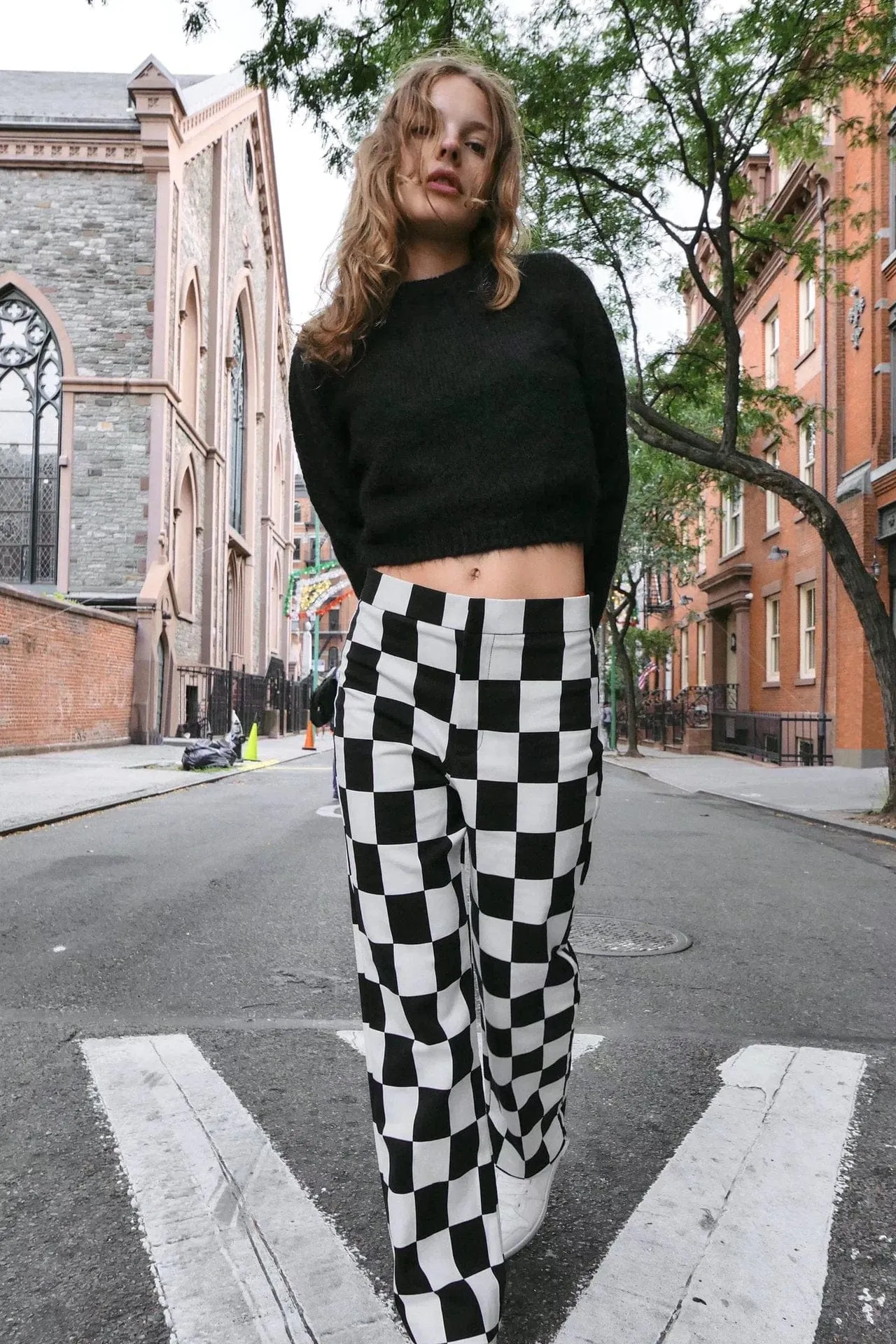 High Rise Straight Leg Checkered Trousers