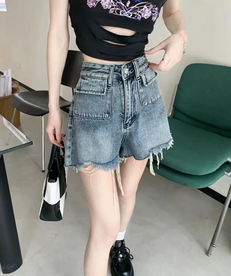 High Waist Denim Ripped Short