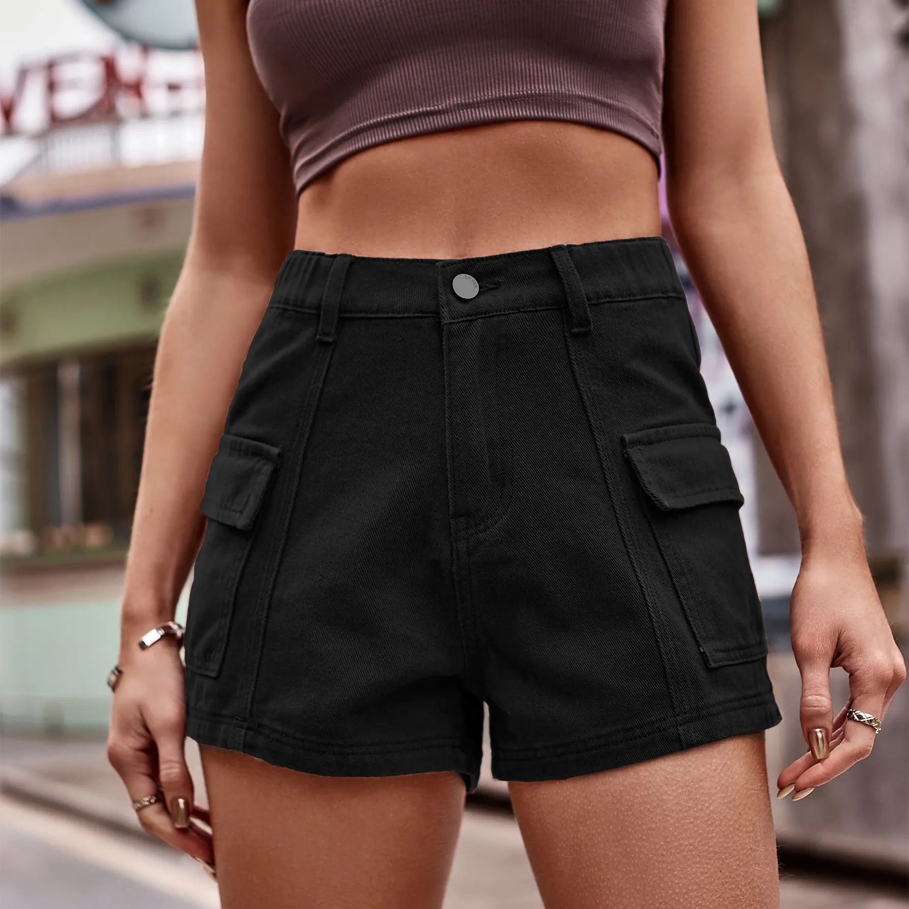 High-Waist Denim Shorts with Pockets