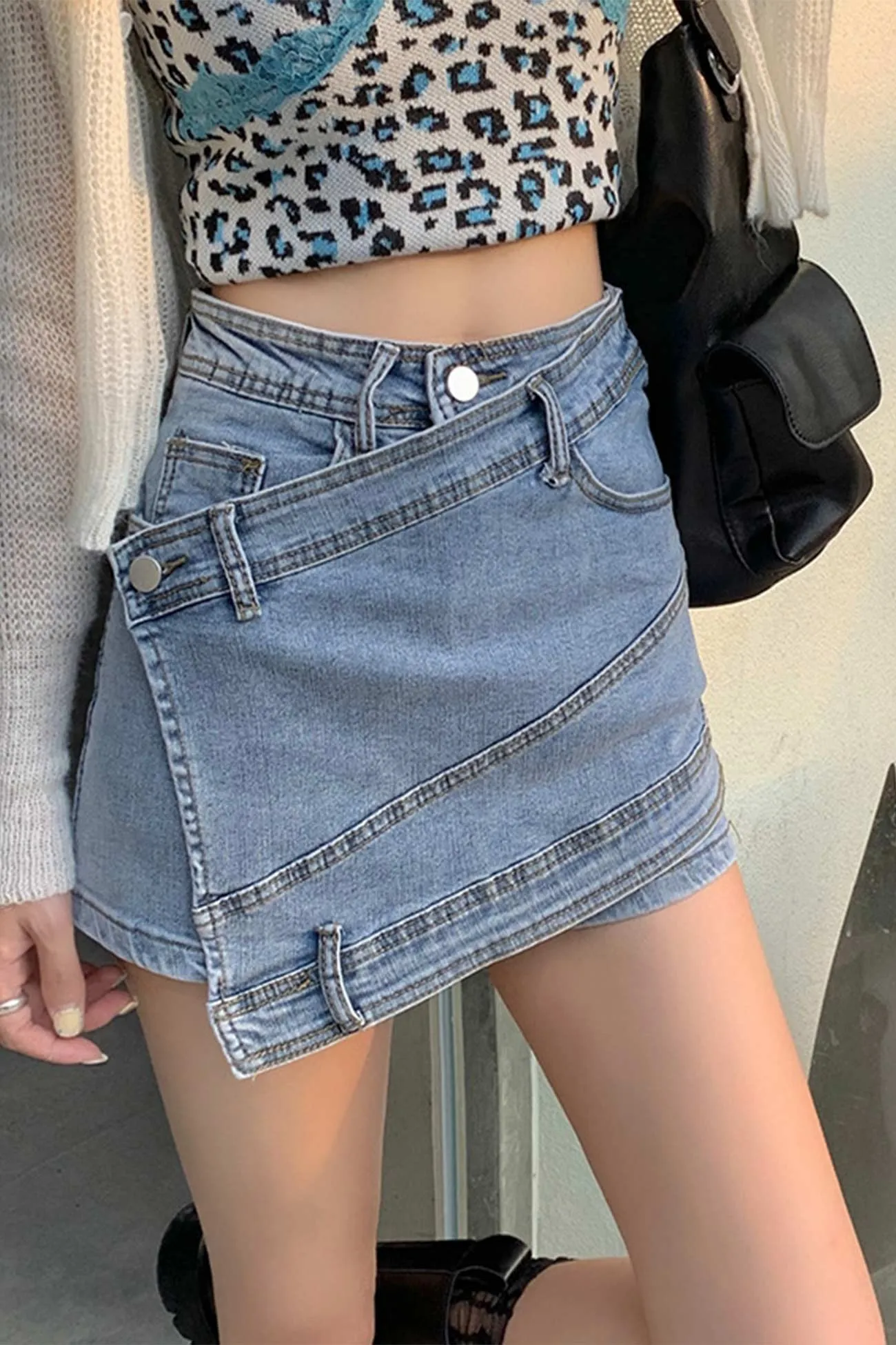 High Waist Irregular Denim Skorts