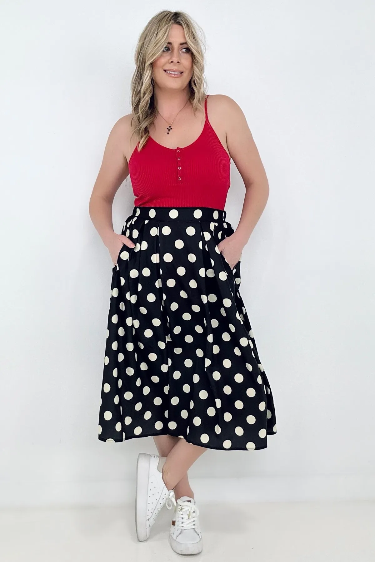 Jade By Jane Polka Dot Pleated Midi Skirt - Ships from The US