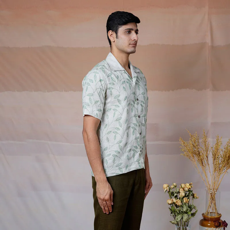 Linen Embroidered Shirt | Beige & Green | Unisex