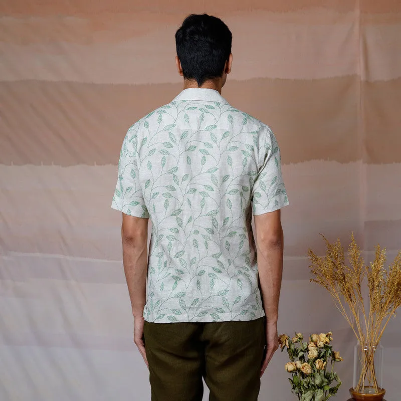 Linen Embroidered Shirt | Beige & Green | Unisex