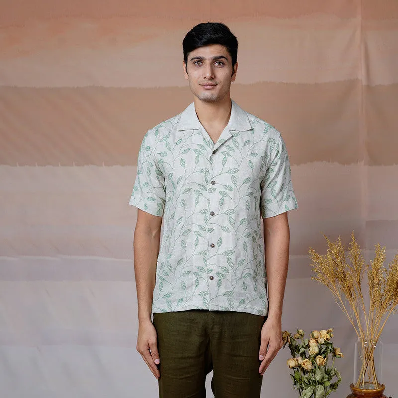 Linen Embroidered Shirt | Beige & Green | Unisex