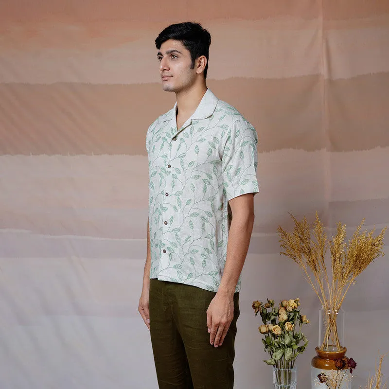 Linen Embroidered Shirt | Beige & Green | Unisex