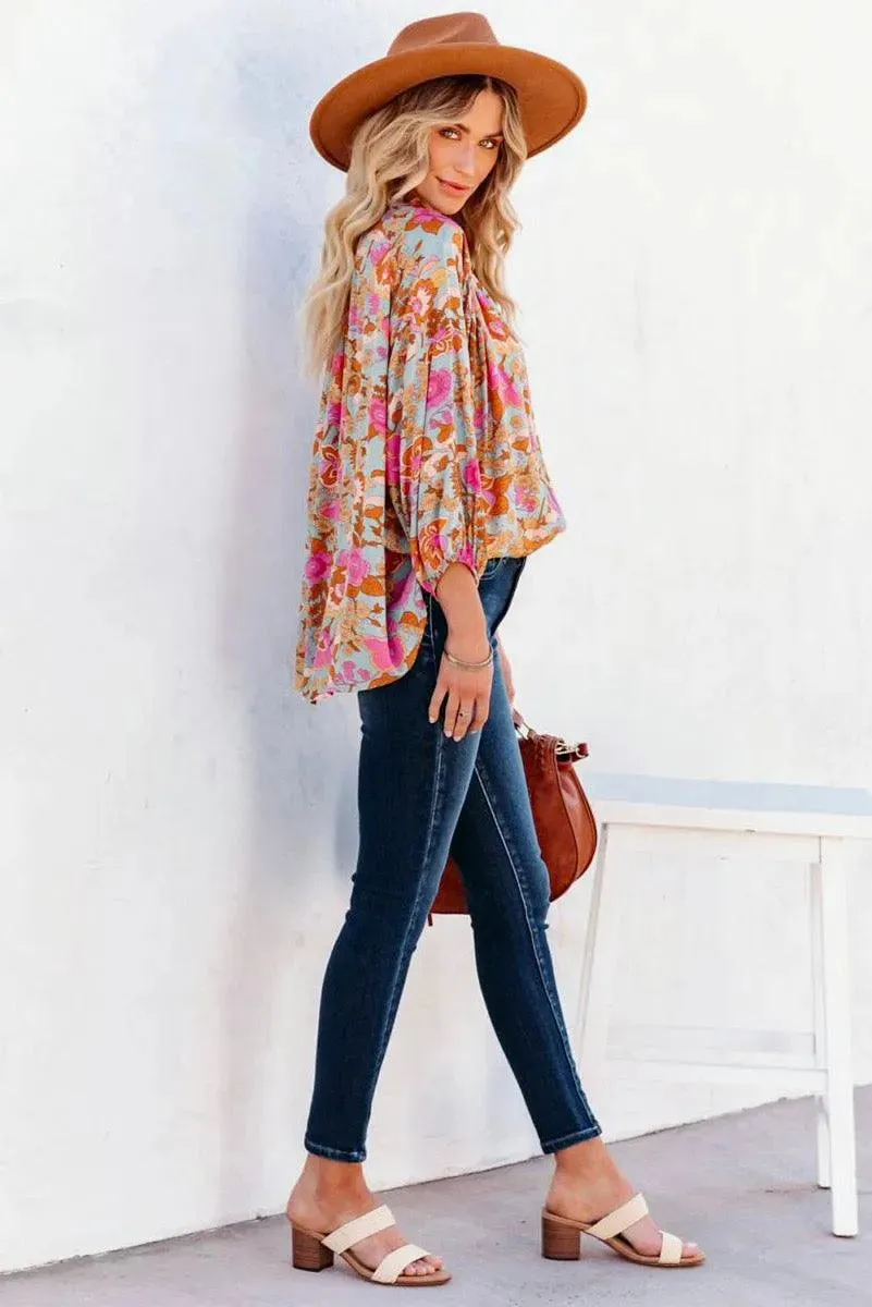 Loose and Lovely: Floral Print V Neck Blouse