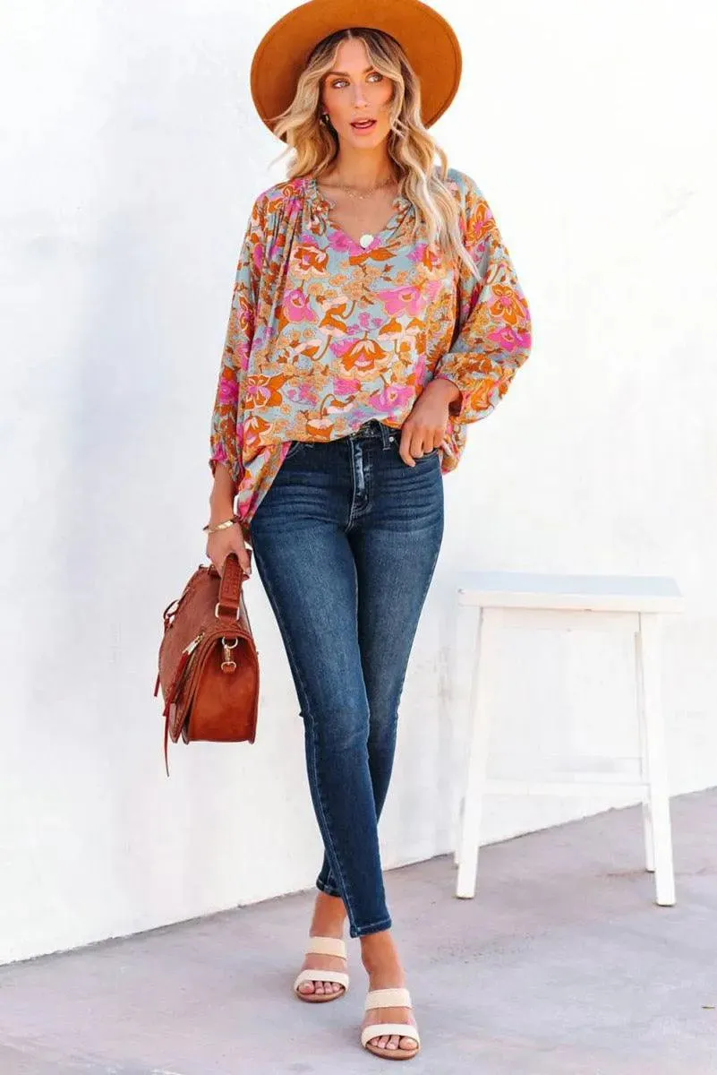 Loose and Lovely: Floral Print V Neck Blouse