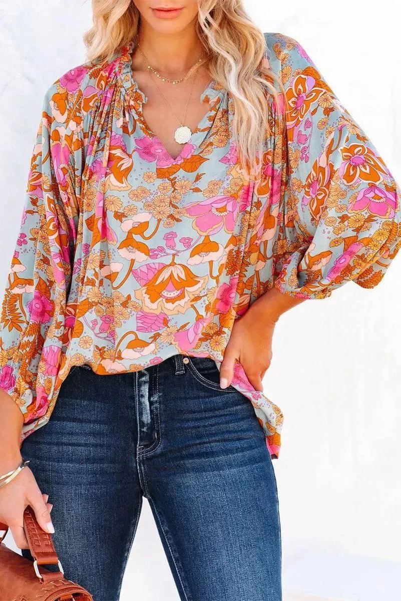 Loose and Lovely: Floral Print V Neck Blouse