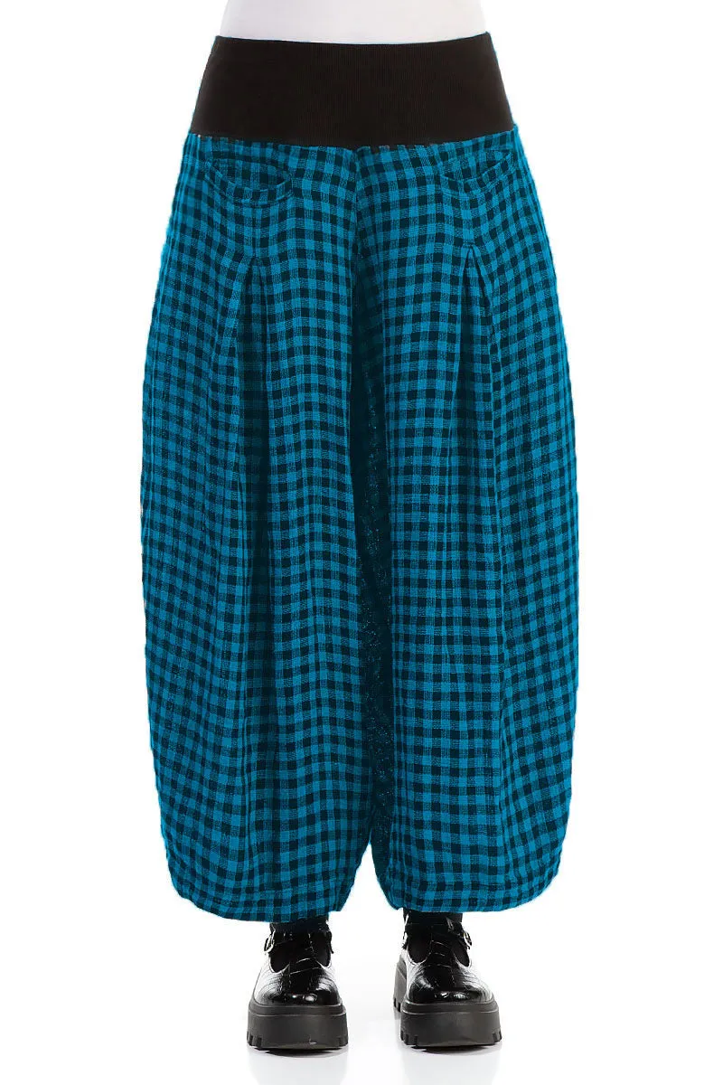 Loose Blue Check Linen Trousers