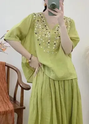 Loose Grass Green V Neck Embroideried Cotton Tops Half Sleeve ML0859