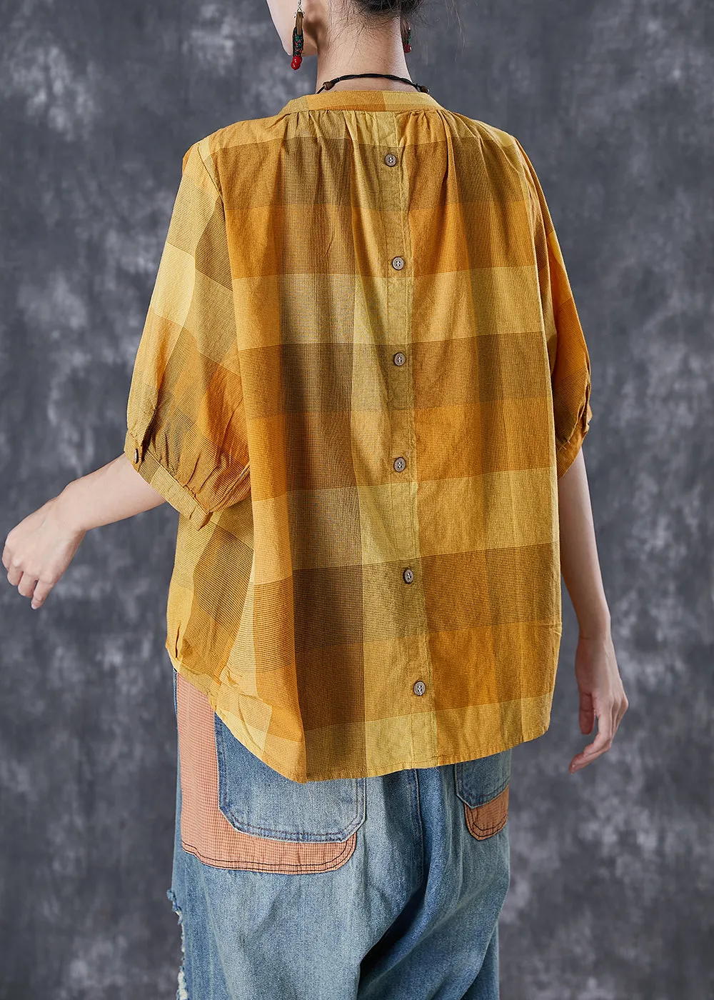 Loose Yellow Oversized Plaid Cotton Shirt Tops Half Sleeve TD1023