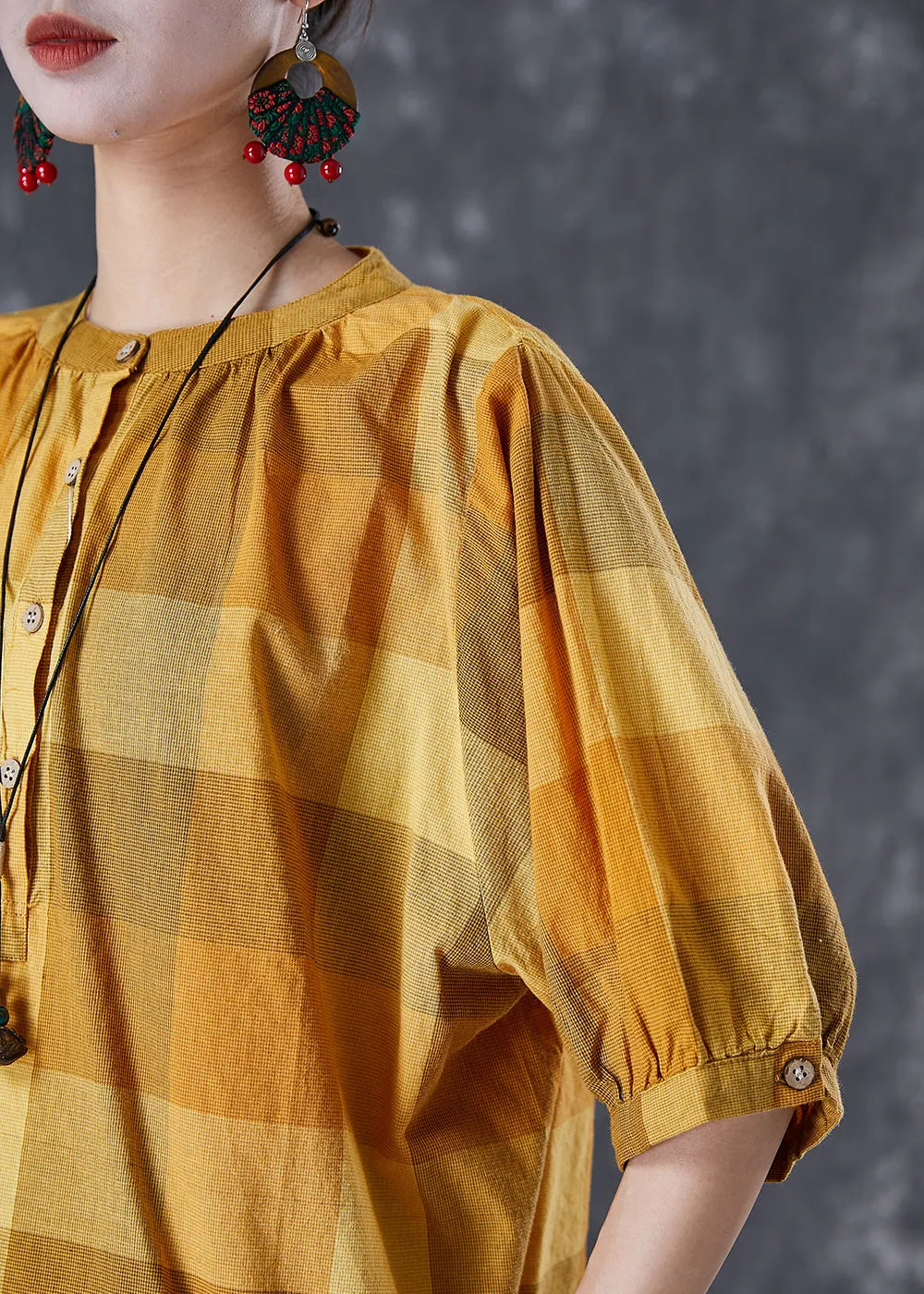 Loose Yellow Oversized Plaid Cotton Shirt Tops Half Sleeve TD1023