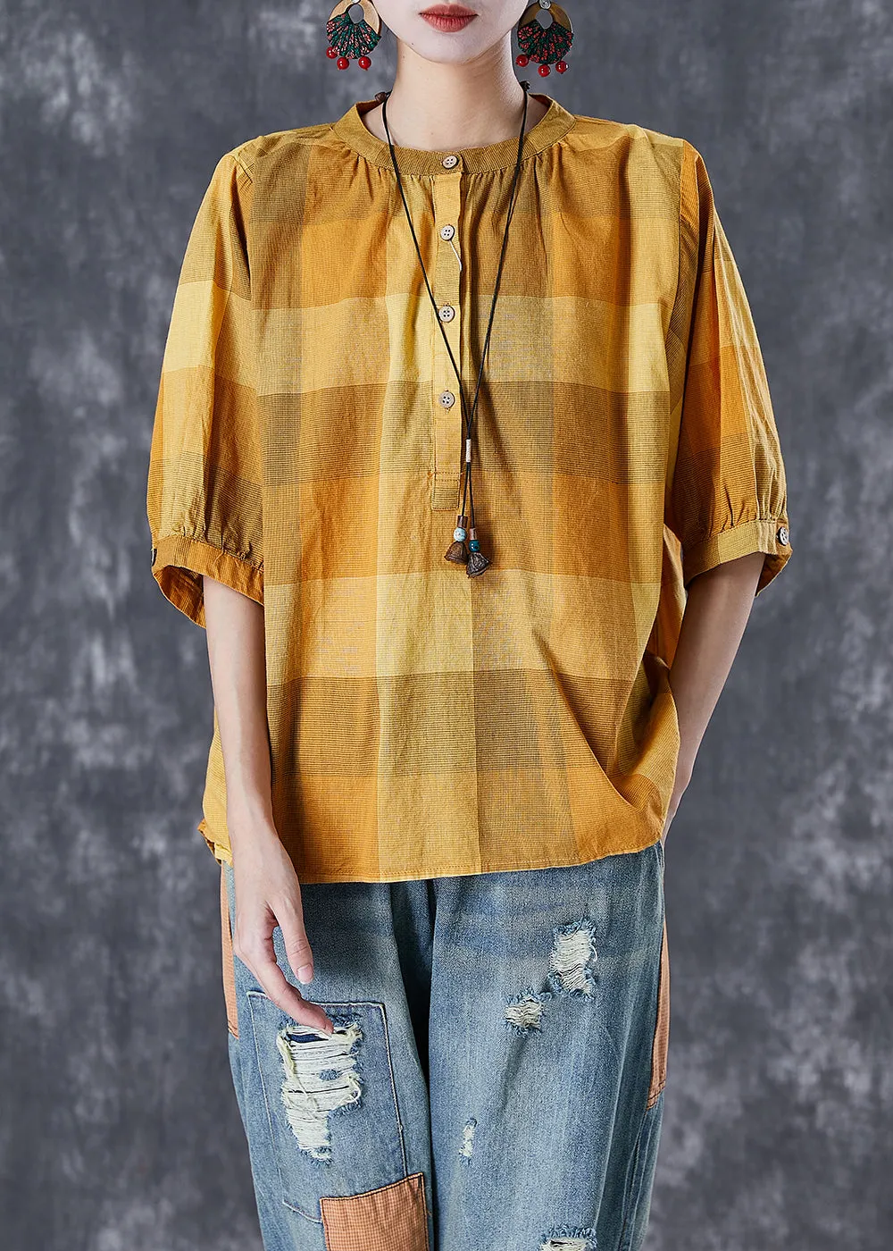 Loose Yellow Oversized Plaid Cotton Shirt Tops Half Sleeve TD1023