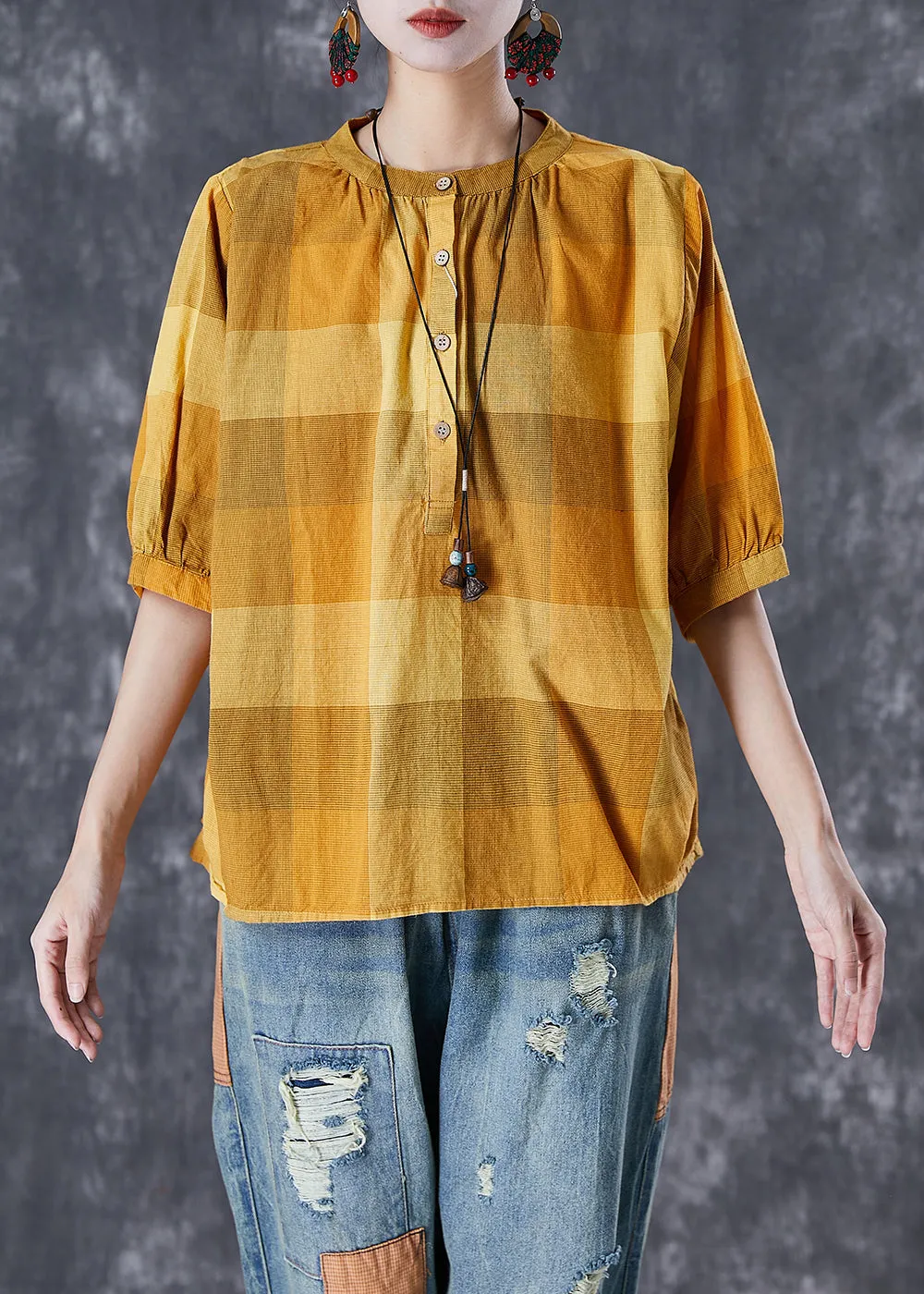 Loose Yellow Oversized Plaid Cotton Shirt Tops Half Sleeve TD1023