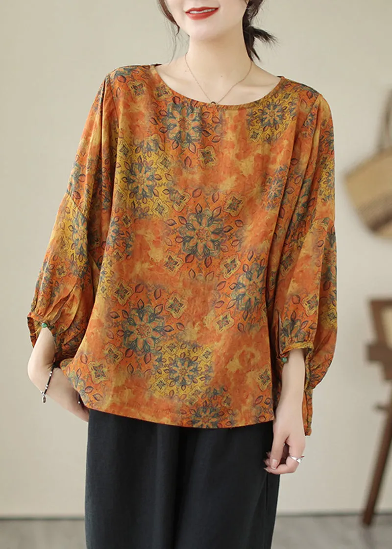 lus Size Orange Oversized Print Cotton Shirt Tops Lantern Sleeve LY5294