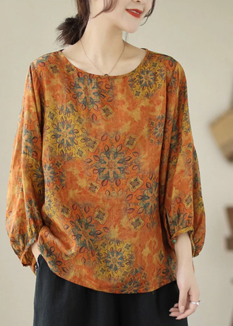 lus Size Orange Oversized Print Cotton Shirt Tops Lantern Sleeve LY5294