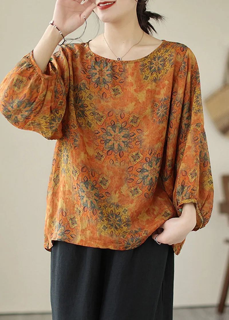 lus Size Orange Oversized Print Cotton Shirt Tops Lantern Sleeve LY5294