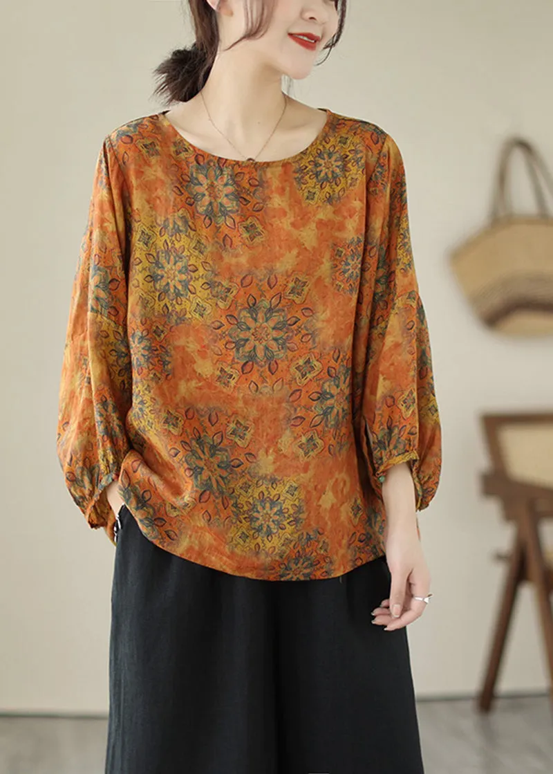 lus Size Orange Oversized Print Cotton Shirt Tops Lantern Sleeve LY5294