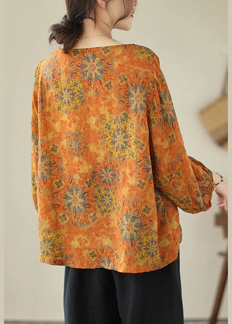 lus Size Orange Oversized Print Cotton Shirt Tops Lantern Sleeve LY5294