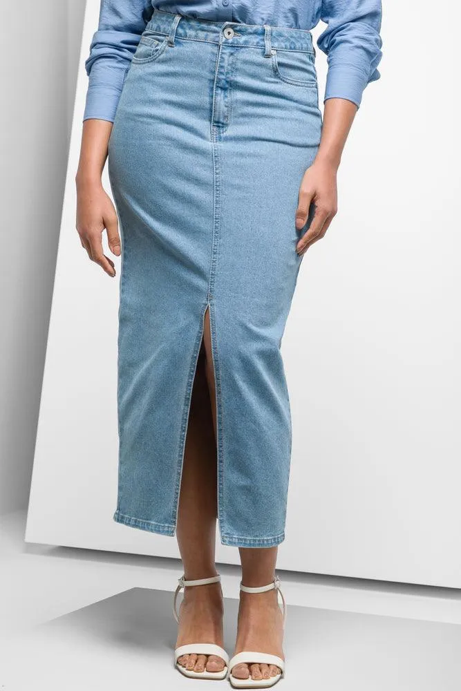 Maxi Denim Skirt With Front Slit Blue