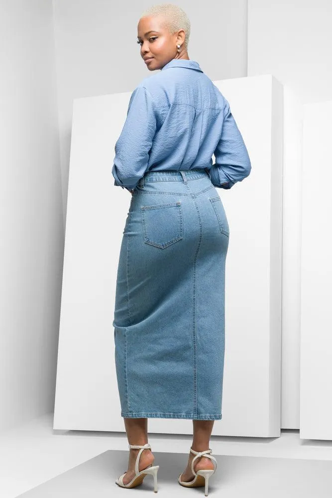 Maxi Denim Skirt With Front Slit Blue