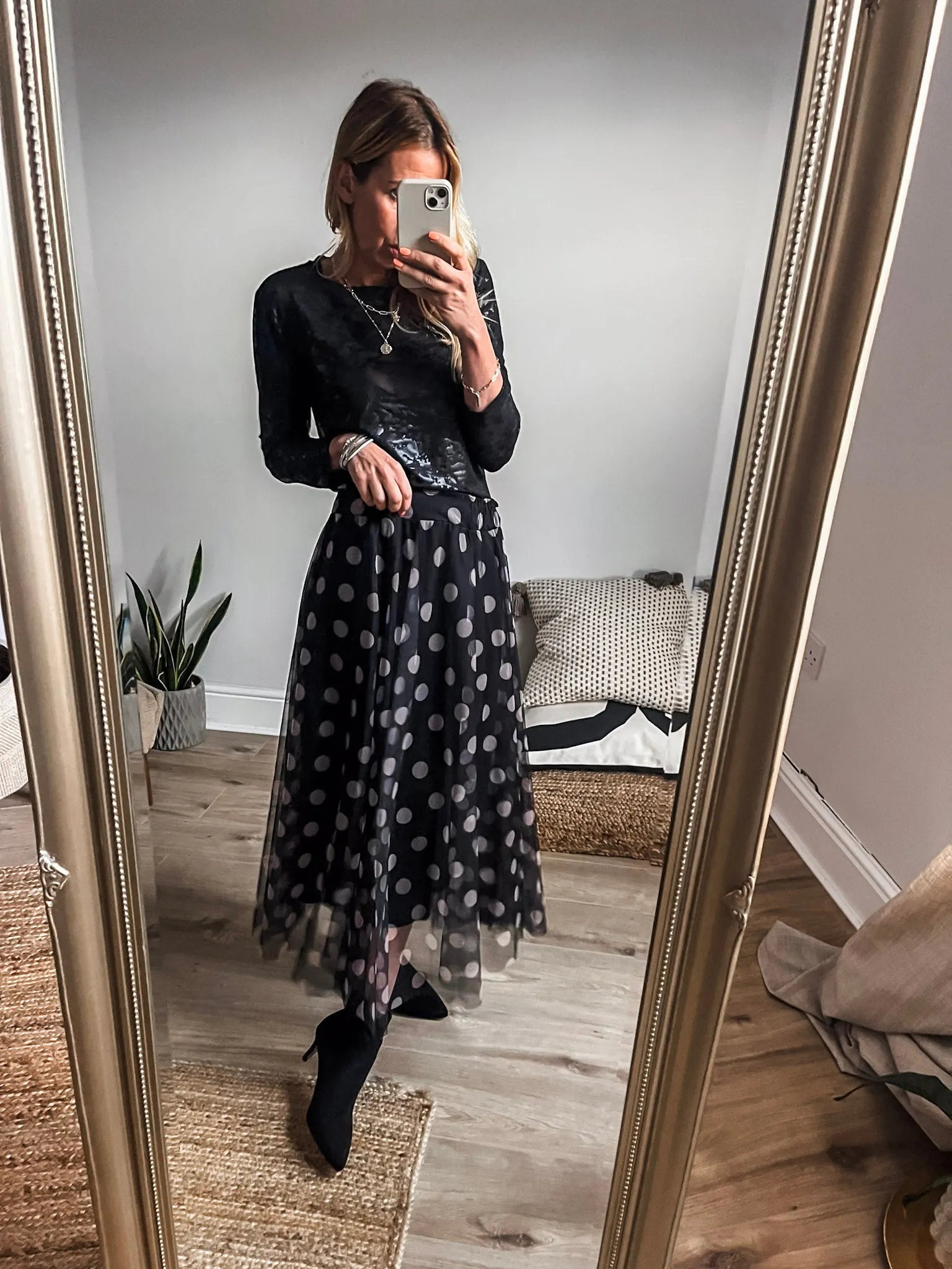 Mesh Polka Dot Midi Skirt