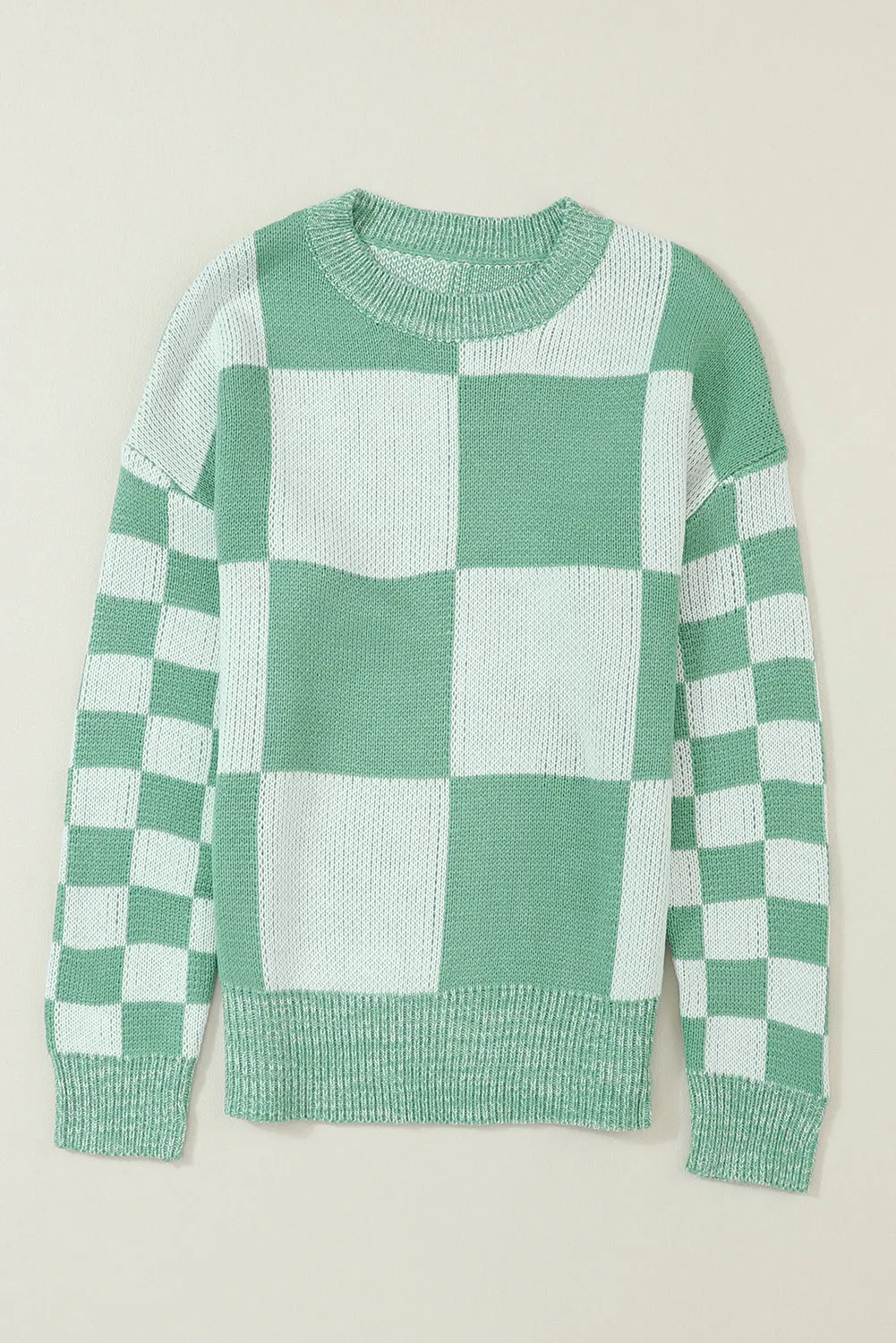 Mint Green Checkered Print Drop Shoulder Sweater