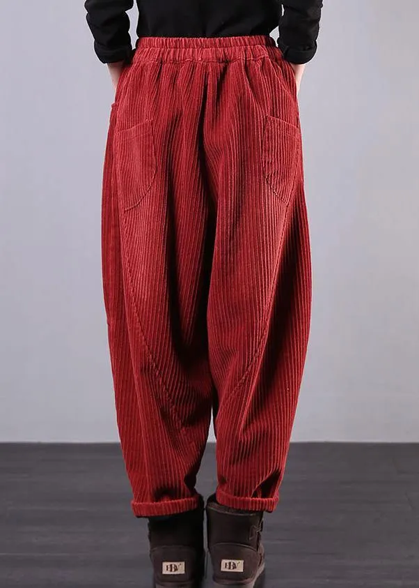 Modern Red Women Pants Oversize Fall Corduroy Pockets Cotton Casual Pants