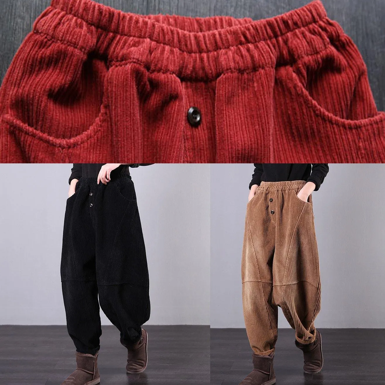 Modern Red Women Pants Oversize Fall Corduroy Pockets Cotton Casual Pants