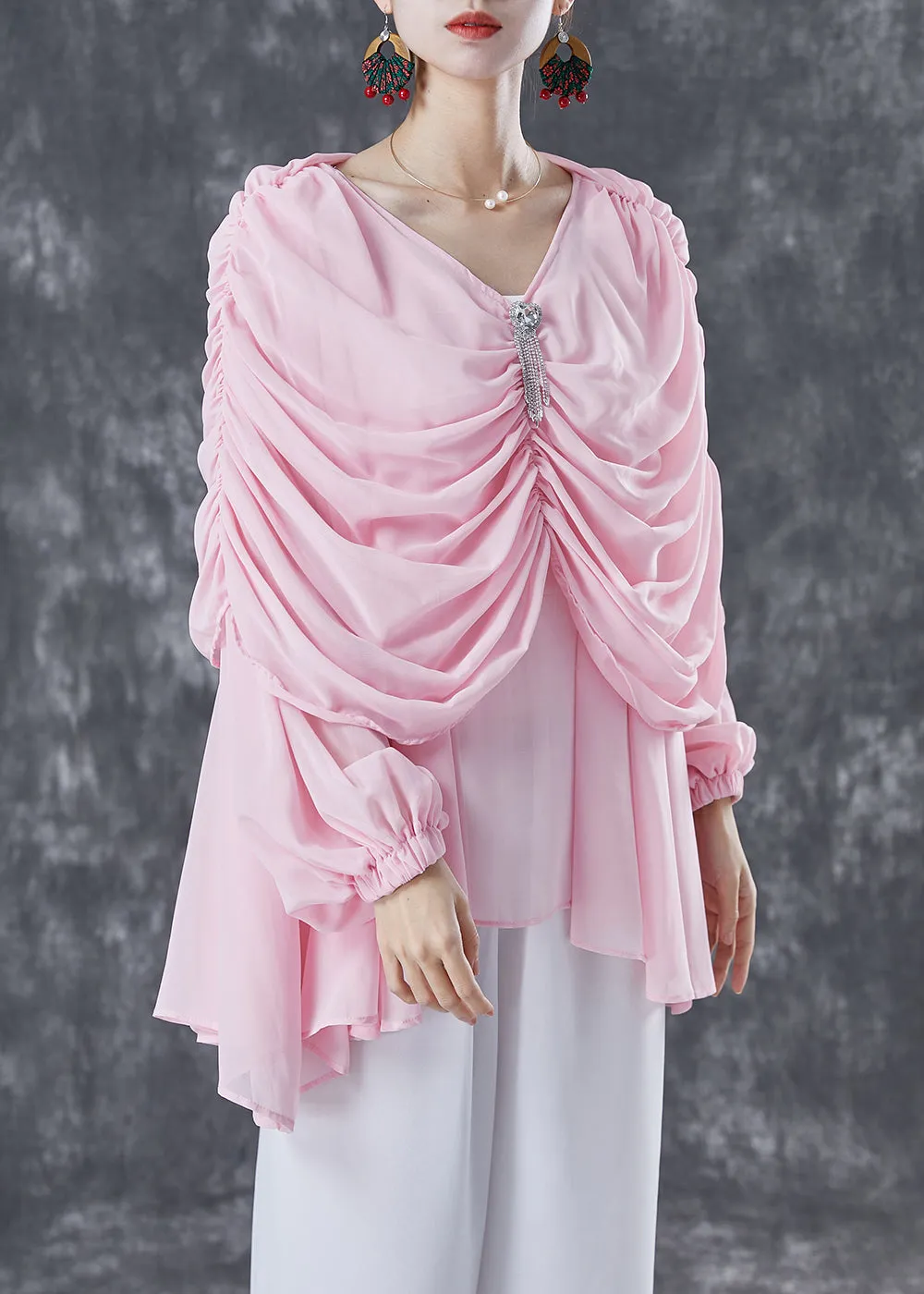 Natural Pink V Neck Wrinkled Chiffon Tops Summer TA1040