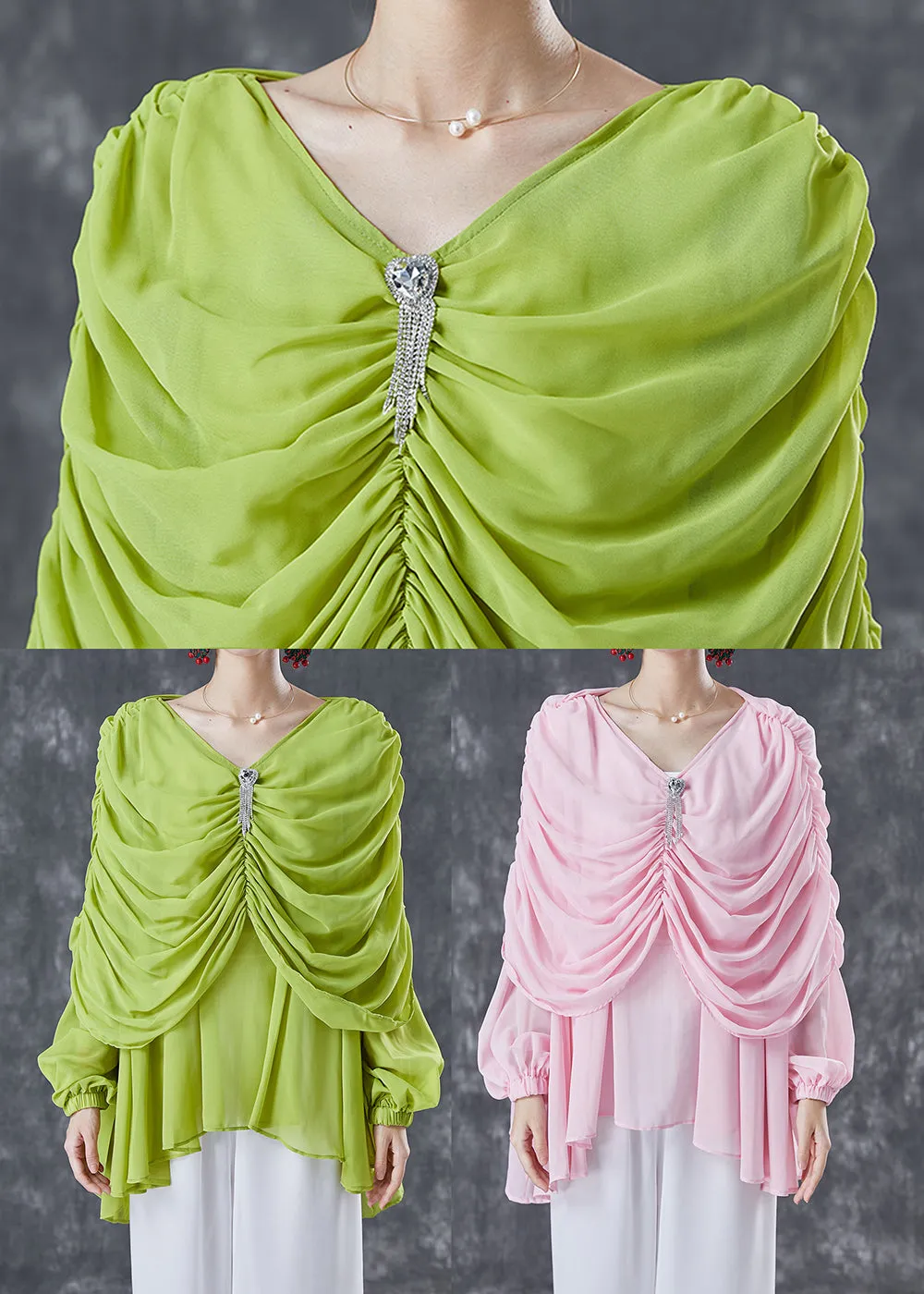 Natural Pink V Neck Wrinkled Chiffon Tops Summer TA1040