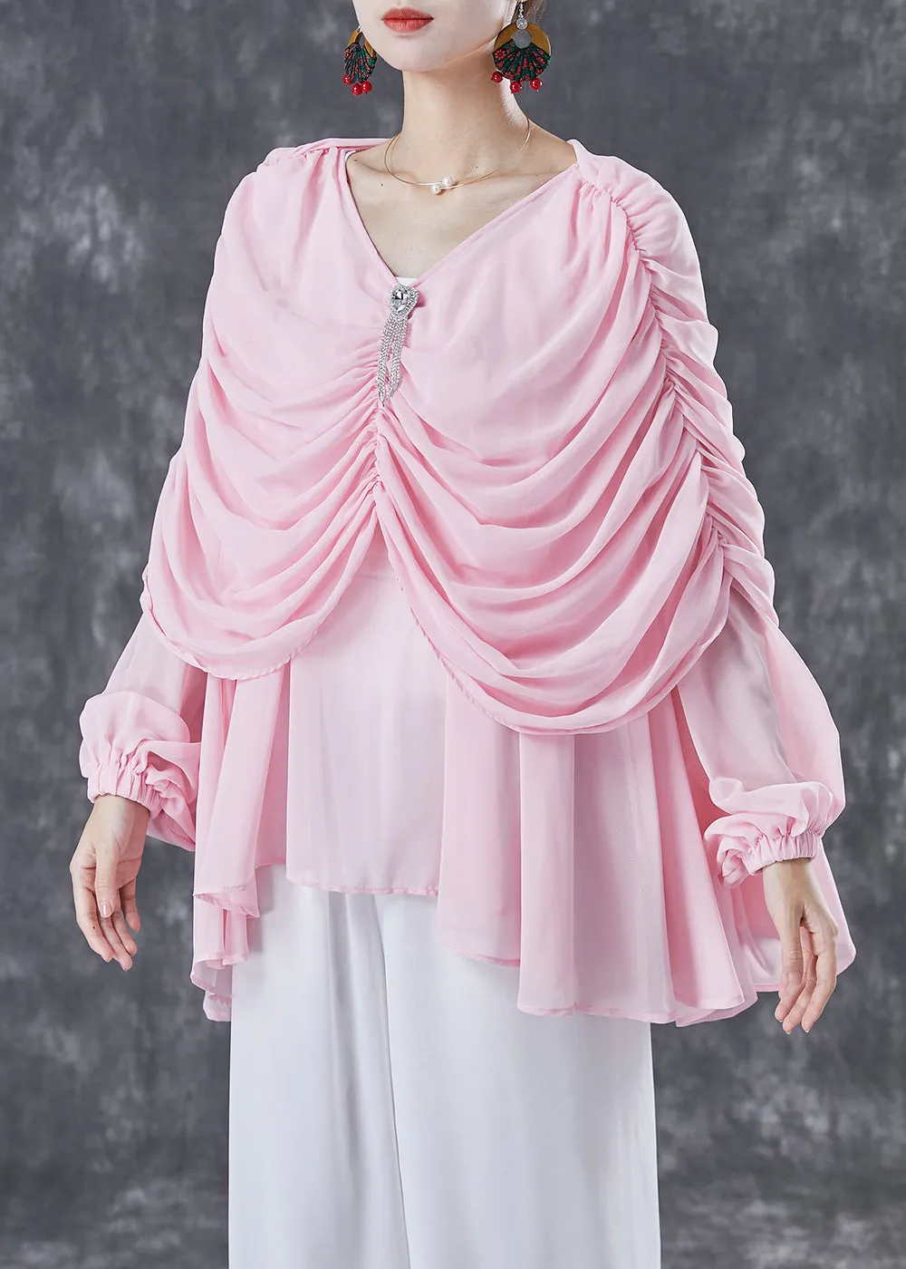 Natural Pink V Neck Wrinkled Chiffon Tops Summer TA1040