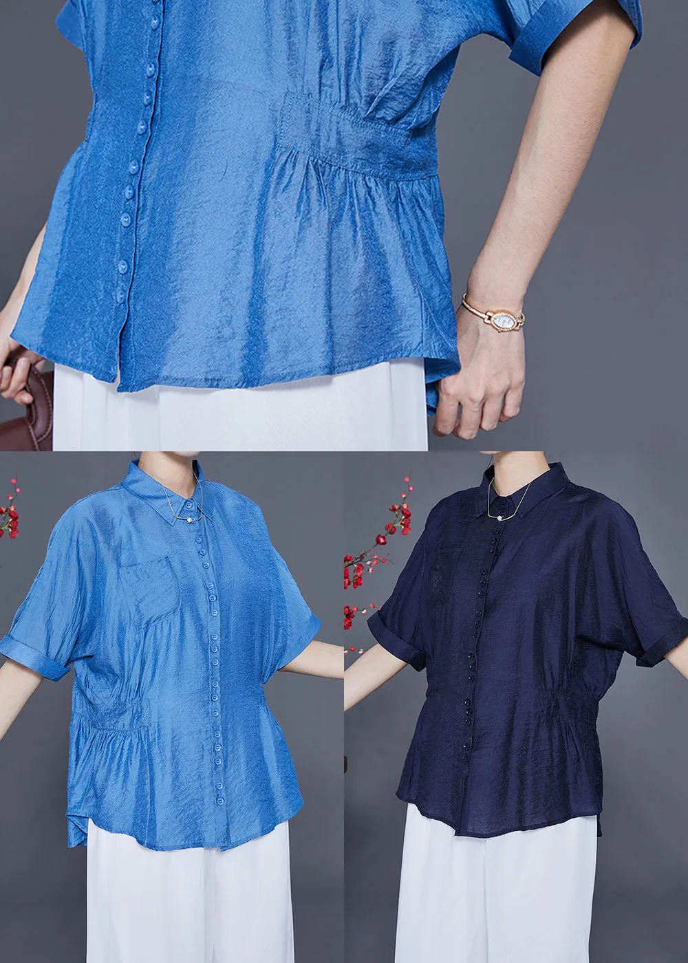 Navy Slim Fit Silk Blouse Tops Peter Pan Collar Wrinkled Summer LY2412