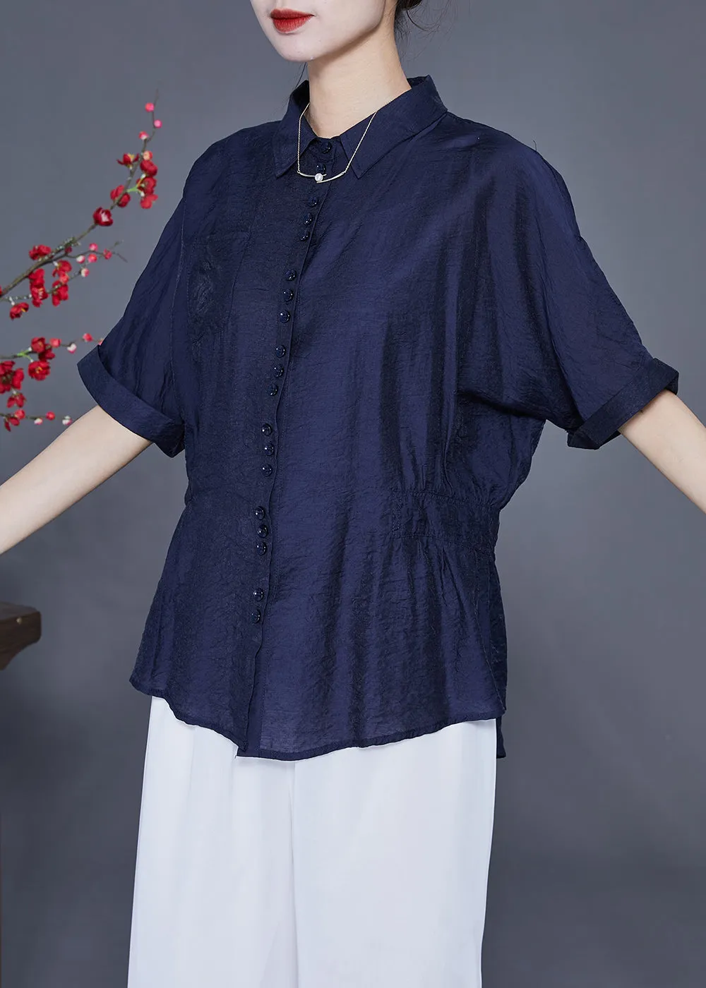 Navy Slim Fit Silk Blouse Tops Peter Pan Collar Wrinkled Summer LY2412