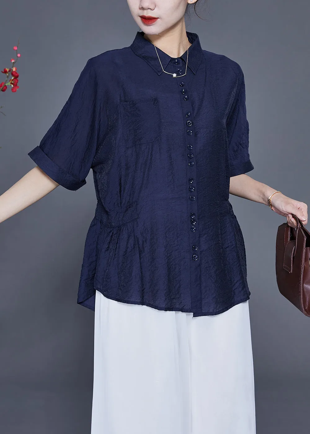 Navy Slim Fit Silk Blouse Tops Peter Pan Collar Wrinkled Summer LY2412